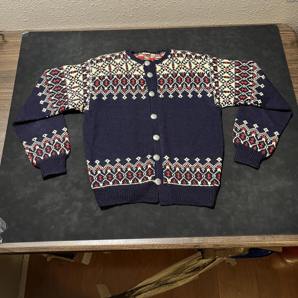 Vintage Norway Sweater Lopapeysa Silver Coin Button Cardigan Fair Isle Wool 50s